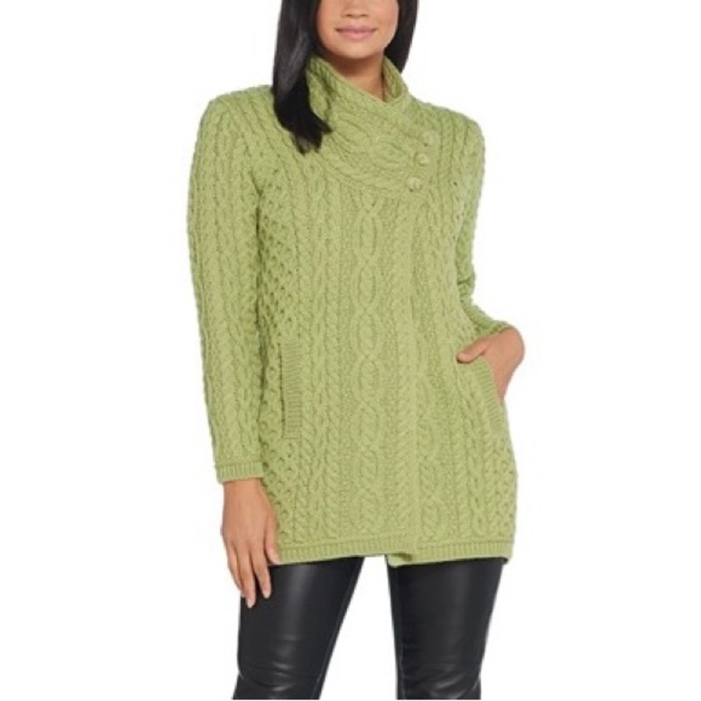 Aran Crafts Ireland Merino Wool Long Cardigan Sweater Size S Chunky Knit Green